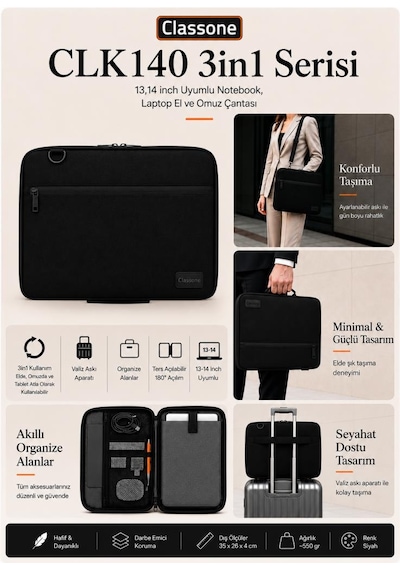 Classone 3in1 Serisi Clk140 13,14 İnch Uyumlu Tablet, Laptop El Ve Omuz Çantası Siyah