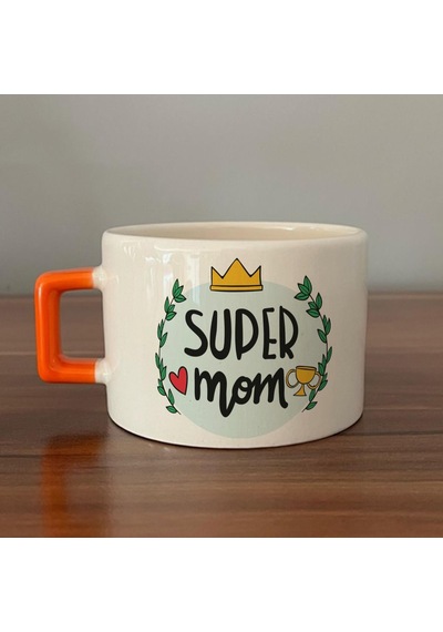 Super Mom Yazı Baskılı Turuncu Kulplu C Fincan