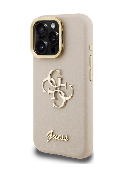 Apple Uyumlu iPhone 15 Pro Kılıf Guess Lisanslı Grained Yazı Logolu Kamera Standlı Kapak Bej