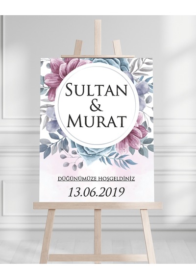 Söz Nişan Düğün İçin 50x70 Karşılama Panosu - Renkli Çiçek Temalı Beyaz