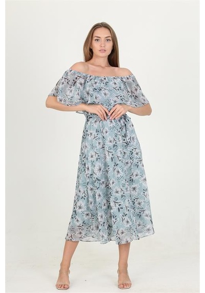 Neşeli Butik Kadın Madonna Yaka Kuşaklı Desenli Şifon Elbise Ry10037 Mint
