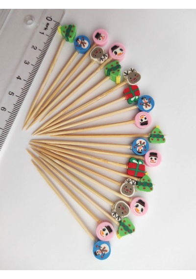 100 Adet Dekoratif Yılbaşı Temalı Fimo Boncuklu Kürdan 6,5 Cm-karışık Model-happy New Year Toothpick