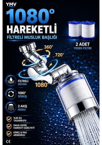 Ymv Filtreli Musluk Başlığı 1080 Derece Hareketli Döner Batarya Ucu 2 Adet Yedek Filtreli