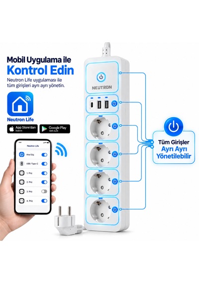 Neutron Ntl-sw07 1050 Joule Akım Korumalı Wifi Akıllı Grup Priz 4 Lü, 2 Usb + Type-c, 1 Mt Kablo 1 M
