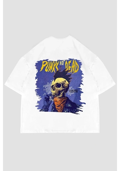Startmore Punks Not Dead Sırt Baskılı Oversize Unisex Beyaz Beyaz