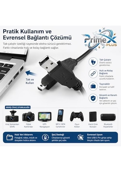 Px-5p05 0.5 Metre 5 Pin Usb Kablo, 50cm Mini Usb Kablo, Usb Am/mini 5pin Kablo