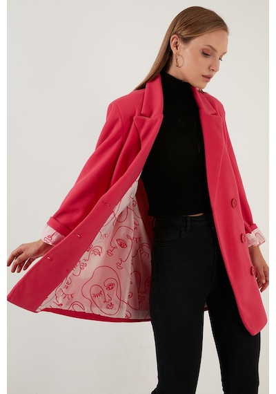 Lela Oversize Çift Düğmeli Cepli Uzun Bayan Kaban 6230058 Fuşya