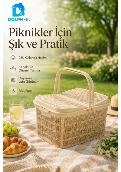 Jute Piknik Sepeti 26 L Çok Amaçlı Saklama Taşıma Sepeti Çamaşır Oyuncak Düzenleyici Bej