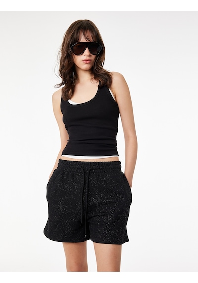 Koton Slim Fit Beli Bağcıklı Cepli Simli Mini Şort Siyah 6sal40139ık