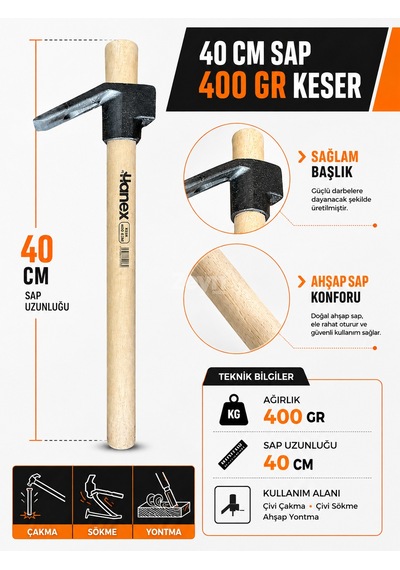 Keser 400 Gr 40 Cm Ahşap Saplı Çivi Çakma Sökme Ve Ahşap Yontma Keseri