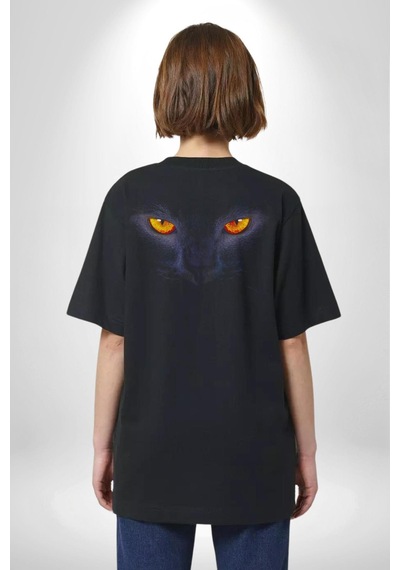 Siyah Kedi Gözler Ateş Pamuklu Unisex Oversize Sırt Dijital Baskılı Siyah T-shirt Siyah