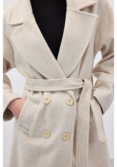 Sateen Beli Bağlamalı Uzun Kaban - Taş-136633 Taş