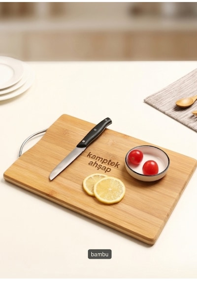 Kamptek Ahşap Bambu Kesme Tahtası 2'li Set - Ergonomik Metal Kulplu Doğal Sunum Tahtası Doğal Ahşap Çok Renkli