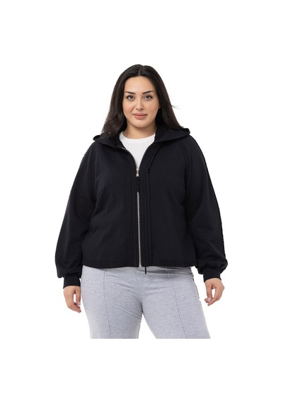 Büyük Beden Kapüşonlu Fermuarlı Üç İplik Siyah Sweatshirt-siyah Siyah