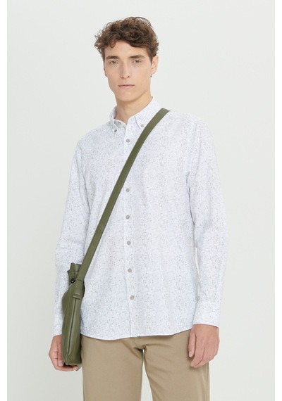 Ac&co Erkek Beyaz Hakı Slim Fit Dar Kesim Klasik Yaka Pamuklu Armürlü Gömlek