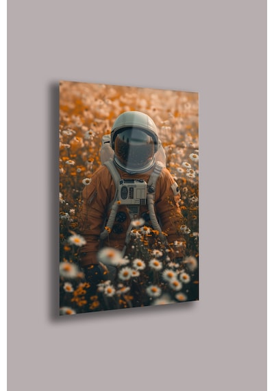 Çiçek Tarlasında Astronot 4mm Cam Tablo Soft Kozmik Uv Baskı Beyaz