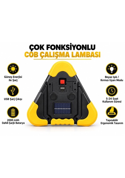 Hb-7709 2.000mah Çok Fonksiyonlu Cob Çalışma Lambası Usb Şarjlı Acil Durum Feneri Reflektör Güneş Enerjili Solar 180 Derece Dönebilen Tutma Kolu Powerbank Olarak Kullabilir Üçgen Park Lambası