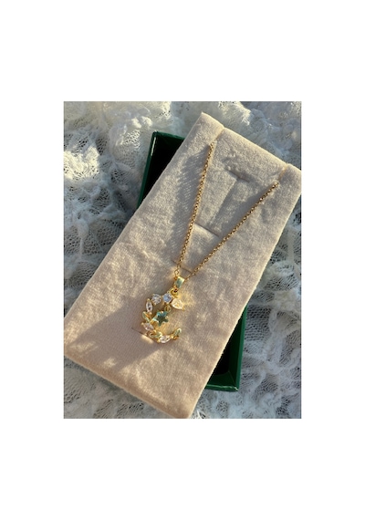 Işıltılı Taşlı Moon Floral Kolye Altın