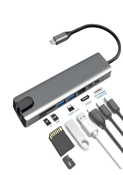 8in1 Aluminium Pd100w Hızlı Şarj Çoklayıcı Çevirici 4k 1xethernet 1xhdm 2xusb 2xtype-c Tf/sd Usb Gri