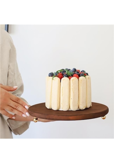 Akayev Ahşap 29 Cm Altın Boncuk Ayaklı Sunum Tabağı Beyaz