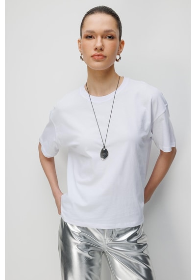 Mixray 48522 Kadın Yırtmaçlı Oversize Basic %100 Pamuk 2 Li T-shirt Beyaz Siyah Siyah - Beyaz