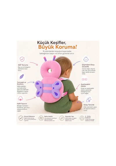 Bebek Baş Koruma Yastığı İlk Adım Düşme Koruyucu Sırt Çantası Ayarlanabilir Askılı Kafa Ve Boyun Koruma Yastığı Pembe Kanatlı Bebek Baş Koruma Yastığı