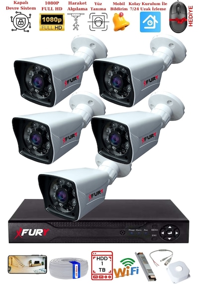 Fury 5 Kameralı 2mp Full Hd Görüntü 6 Atom Led Gece Görüşlü Dış Mekan Güvenlik Kamerası Seti 1tb