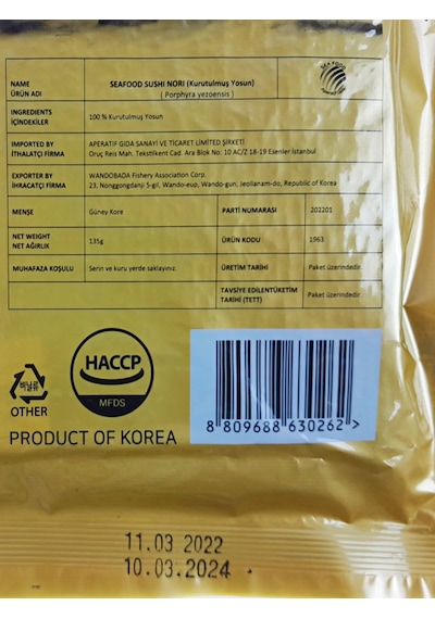Wandobada Yaki Sushi Nori Yosunu 50 Yaprak 135 G