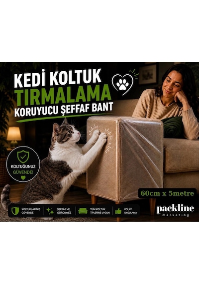 Packline Marketing Kedi Koltuk Tırmalama Koruyucu Şeffaf Yapışkanlı Mobilya Tırmalama Önleyici Bandı 60cm X 5metre
