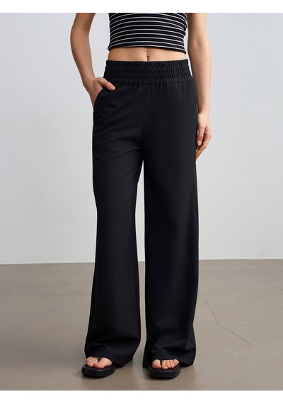 Dilvin 72259 Beli Lastikli Geniş Paça Pantolon-siyah Siyah