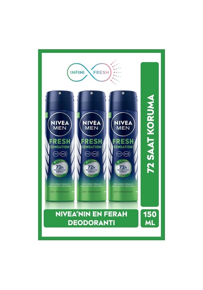 Men Erkek Sprey Deodorant Fresh Sensation 150ml, 72 Saat Anti-perspirant, X3 Adet
