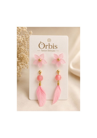 Pembe Çiçek Ve Yaprak Sallantılı Küpe Pembe Pembe