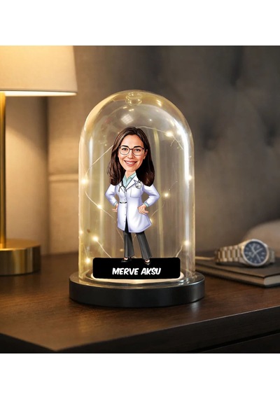 Bk Gift Kişiye Özel Kadın Doktor Karikatürlü Led Işıklı Cam Fanus Biblo -1, Mesleki Hediye, Sevgiliye-arkadaşa Hediye Kobitmeyencom36870 Bk Gift