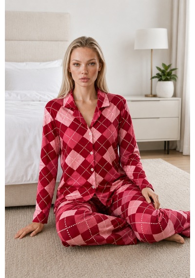 Kadın Casual Esnek Bol Kırmızı Pijama Takımı 4668