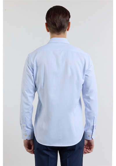 İmza Mavi - Beyaz Kendinden Desenli Sert Yaka Uzun Kol Cepsiz Slim Fit Pamuklu Gömlek 1004255214