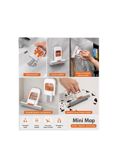 Pratik Kendinden Sıkmalı Mini Mop - Masaüstü, Cam, Ayna Ve Tezgah Temizlik Paspası Duvara Asılabilir