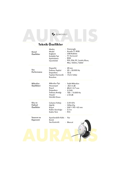 Gameagle Auralis 7.1 Rgb Kablolu Mikrofonlu Profesyonel Oyuncu Kulaklığı Beyaz