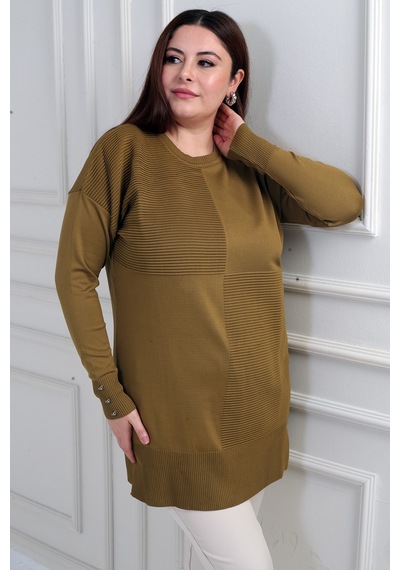 By Saygı Kadın Kolları Düğme Detaylı Büyük Beden Tunik Bluz Hardal