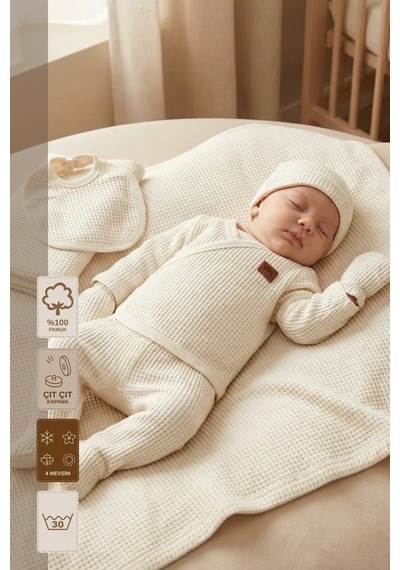 Minory Baby - %100 Pamuk 7'li Hastane Çıkışı Seti Yenidoğan 7'li Set Waffle Kumaş Ekru Ekru