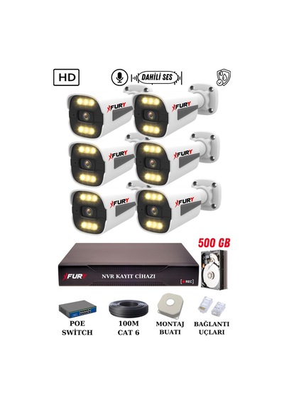Fury 6 Kameralı Ip Güvenlik Kamerası Seti Sesli 4mp Gece Renkli Su Geçirmez 1506s 500gb