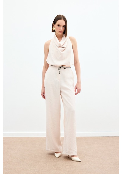 Sateen Örgü Kemerli Pantolon - Bej-136169 Bej