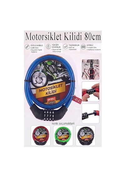 Şifreli Motosiklet Kilidi 80 Cm 1 Adet K-3682 Çelik Halat Plastik Kaplamalı Bisiklet Kiliti Motorsiklet Scooter Kapı Mavi