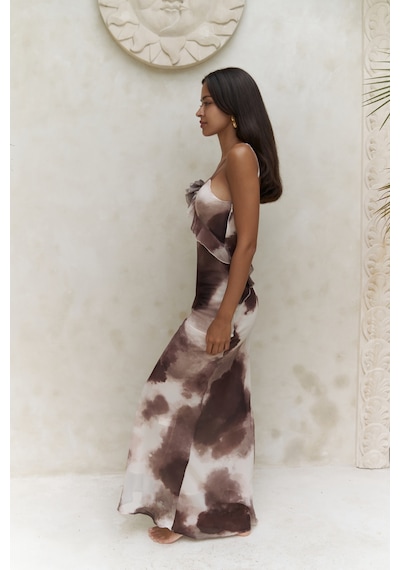 Mai Collection Mai Studios Co. Purtyas Fırfır Detaylı Kahve Uzun Elbise Kahve