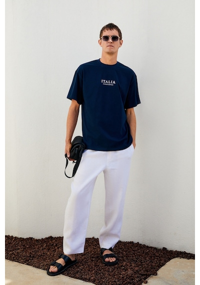 Grımelange ITALIA Erkek %100 Organik Pamuk Ön Arka Baskı Detaylı Oversize Kısa Kol Lacivert T-Shirt