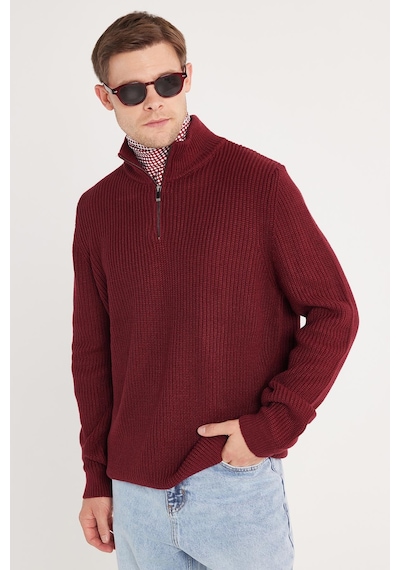 Tudors Erkek Slim Fit Dar Kesim Fermuarlı Bordo Dik Yaka Triko Kazak-34925 Bordo