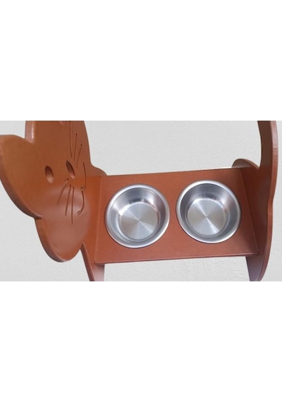 Hobi Erc 90373 Model Kedi Mama Ve Su Kabı Seti Mdf Ceviz Renk Paslanmaz Tabak