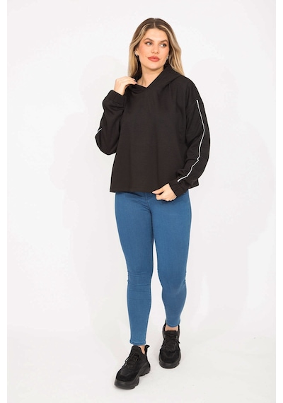 Şans Kadın Siyah Kolları Biye Detaylı Kapşonlu Sweatshirt 65n35301-siyah Siyah