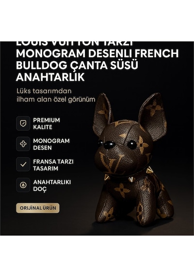 Nixcon Louis Vuitton Tarzı Monogram Desenli French Bulldog Çanta Süsü Anahtarlık Kahverengi - Altın