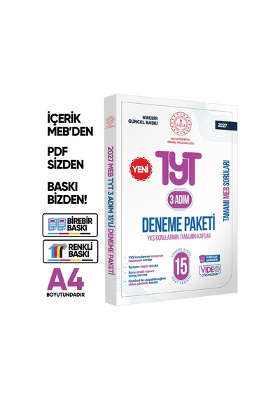 2027 3 Adım YKS-TYT MEBİ Özgün Sorular 15li Deneme Paketi Video Çözümlü BASKI ÜCRETİ2026 3 Adım YKS-TYT MEBİ Özgün Sorular 15li Deneme Paketi Video Çözümlü BASKI ÜCRETİ
