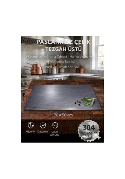 Gkd Üst Kalite 70x50 Cm Paslanmaz Çelik Tezgah Üstü Kesme Tahtası, Hamur Yoğurma Tahtası, Tezgah Üstü Koruyucu Metalik